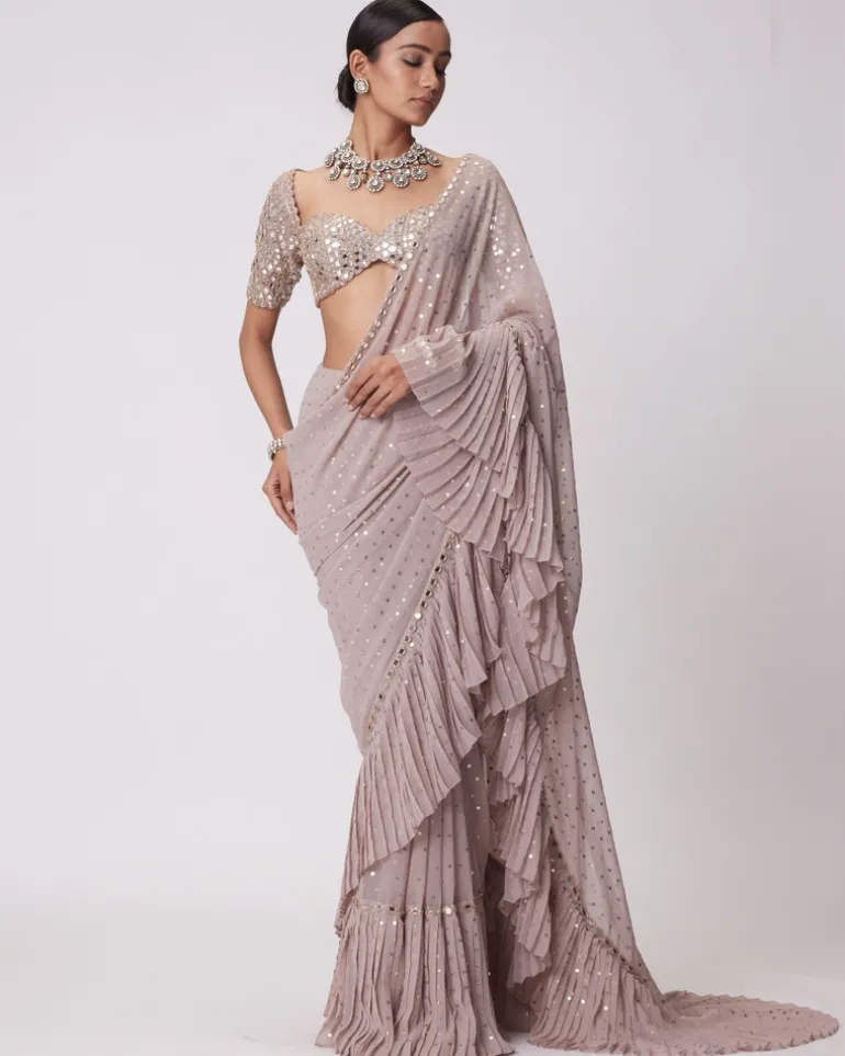 Ash Pink Georgette Frill Sari Set