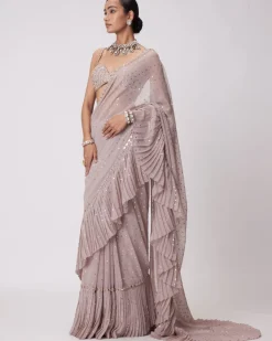 Ash Pink Georgette Frill Sari Set