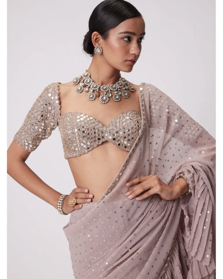 Ash Pink Georgette Frill Sari Set
