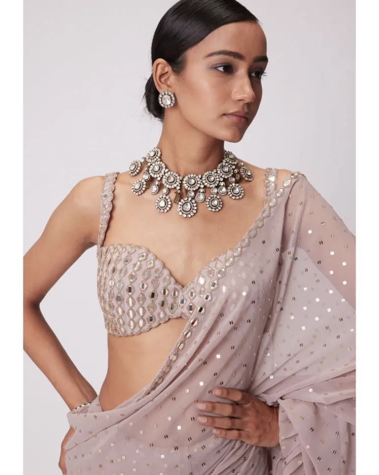 Ash Pink Georgette Frill Sari Set