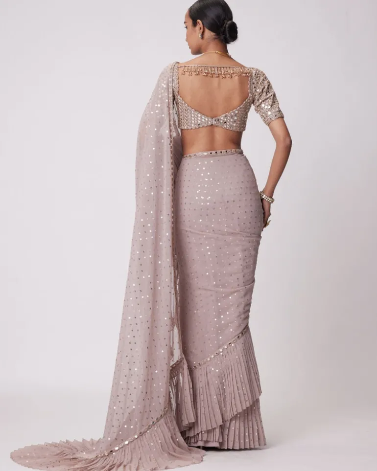 Ash Pink Georgette Frill Sari Set