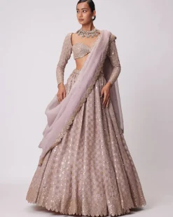Ash Pink Mirror Flower Embroidered Lehenga Set