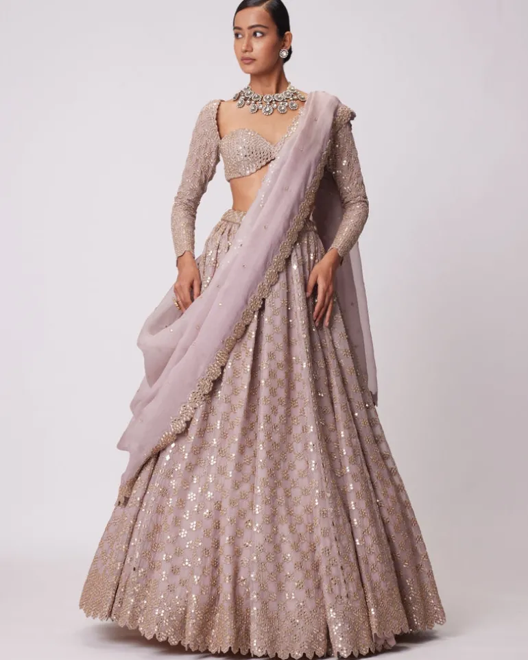 Ash Pink Mirror Flower Embroidered Lehenga Set