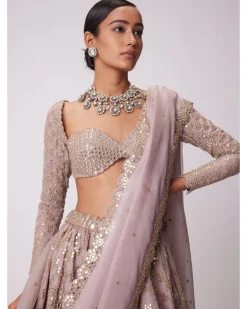 Ash Pink Mirror Flower Embroidered Lehenga Set