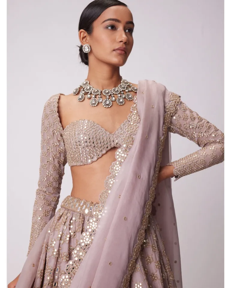 Ash Pink Mirror Flower Embroidered Lehenga Set
