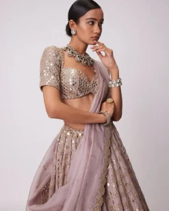 Ash Pink Mirror Flower Embroidered Lehenga Set