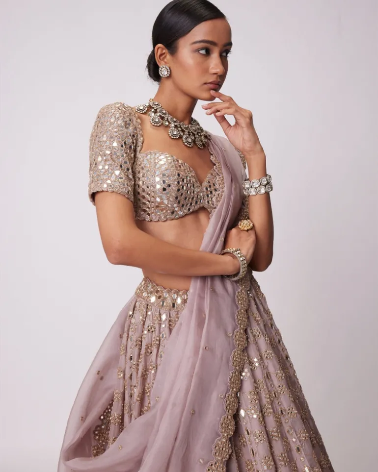 Ash Pink Mirror Flower Embroidered Lehenga Set