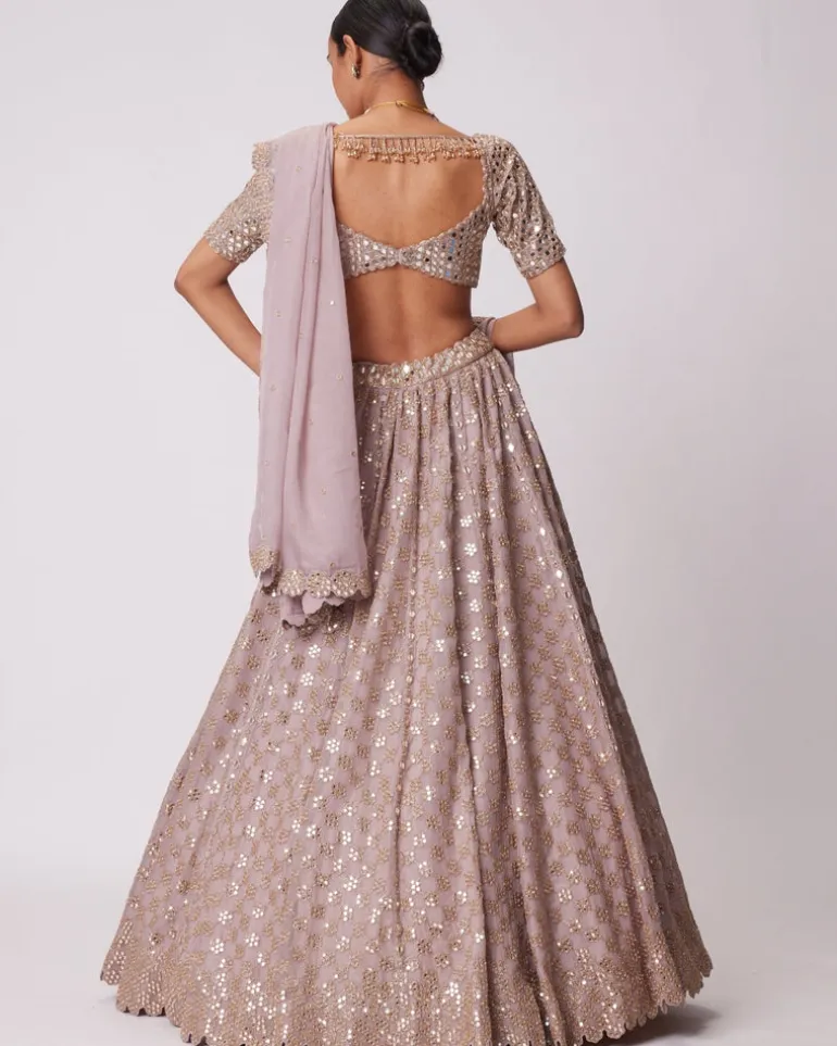 Ash Pink Mirror Flower Embroidered Lehenga Set