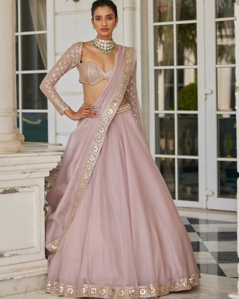 Ash Pink Mirror Hand Embroidered Lehenga Set