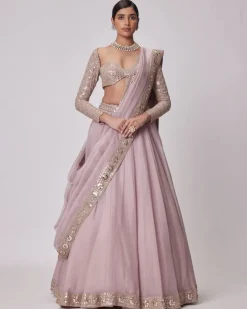 Ash Pink Mirror Hand Embroidered Lehenga Set