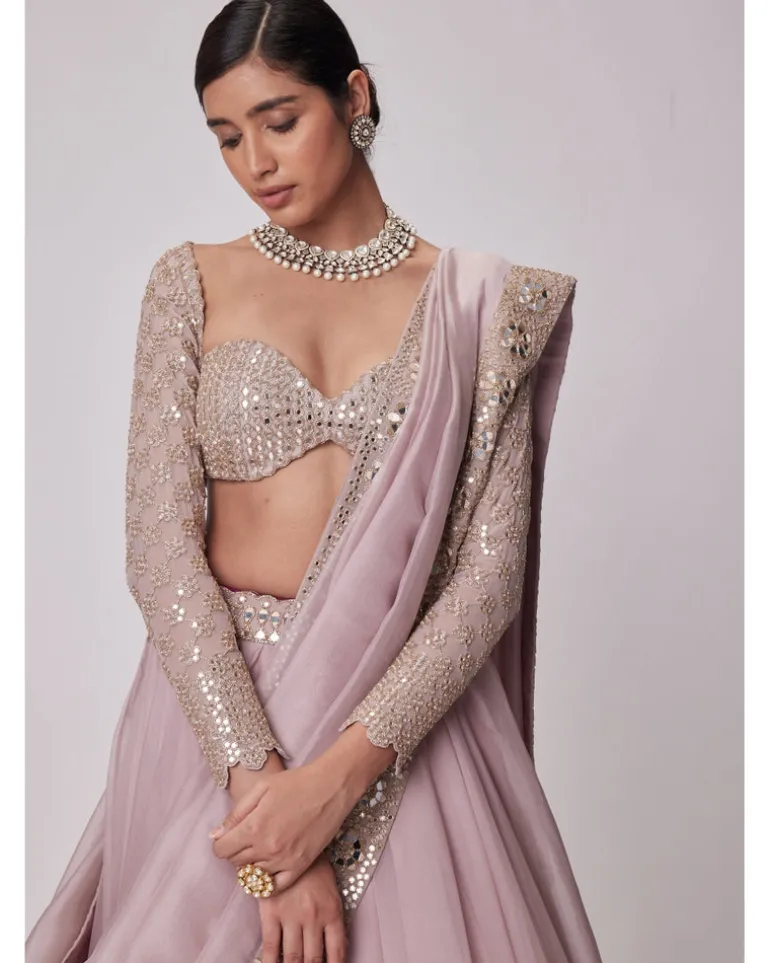 Ash Pink Mirror Hand Embroidered Lehenga Set