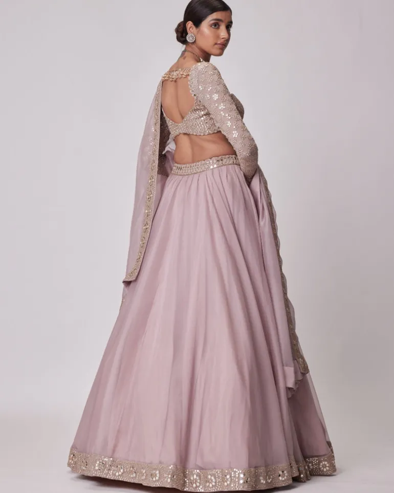 Ash Pink Mirror Hand Embroidered Lehenga Set