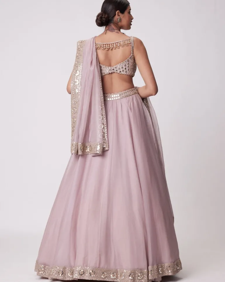 Ash Pink Mirror Hand Embroidered Lehenga Set