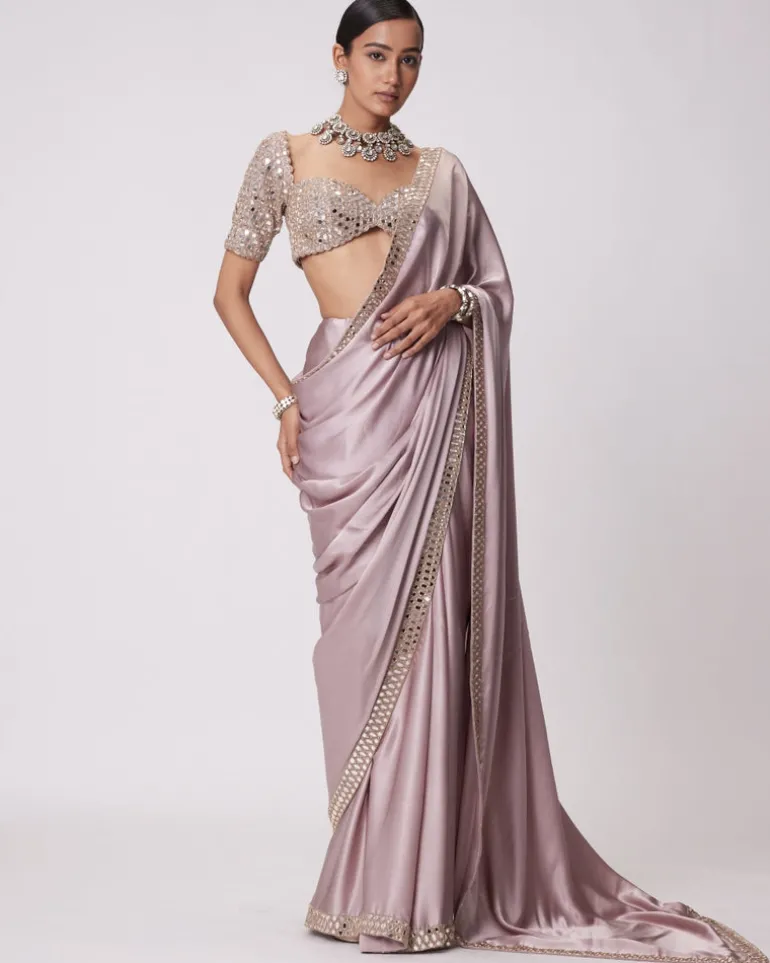 Ash Pink Satin Sari Set