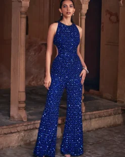 Aurora Dark Blue Detailed Embroidered Jumpsuit