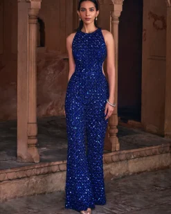 Aurora Dark Blue Detailed Embroidered Jumpsuit