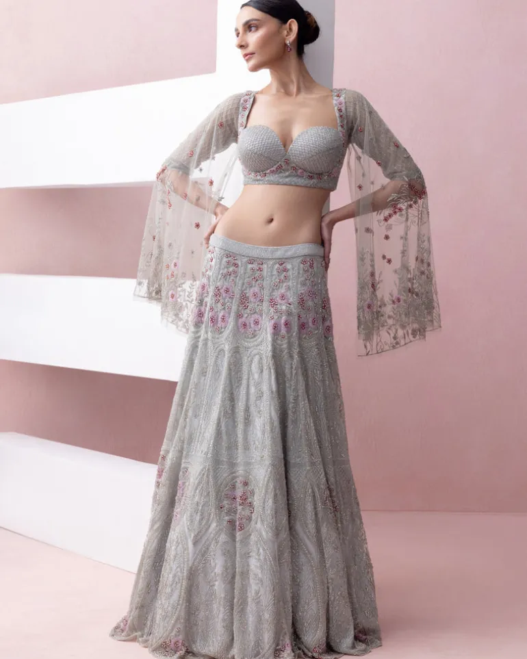 Baby Blue Bagh Lehenga With Umbrella Sleeve Blouse