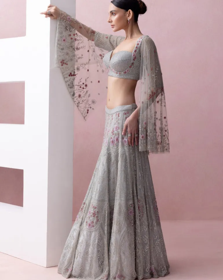 Baby Blue Bagh Lehenga With Umbrella Sleeve Blouse