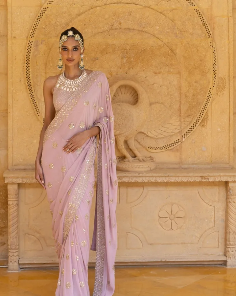 Baby Orchid Mirror & Sequins Embroidered Sari Set