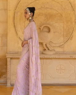 Baby Orchid Mirror & Sequins Embroidered Sari Set