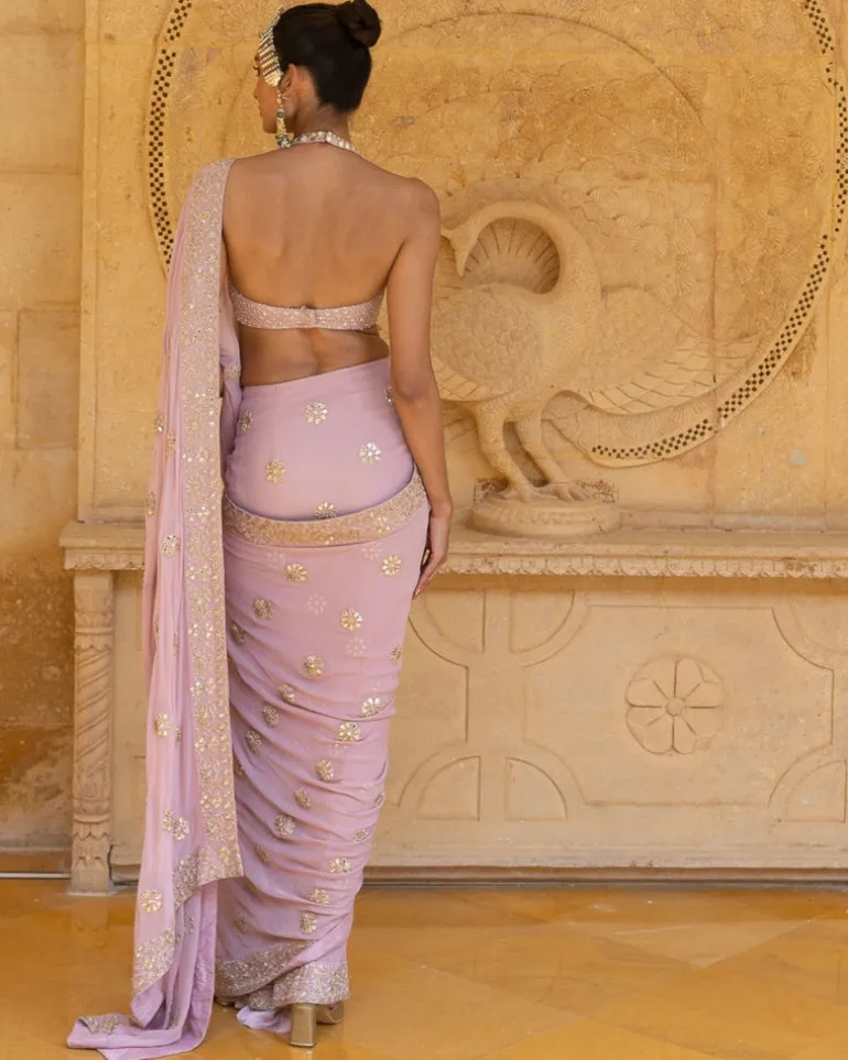 Baby Orchid Mirror & Sequins Embroidered Sari Set