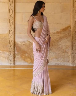 Baby Orchid Mirror & Thread Embroidered Sari Set