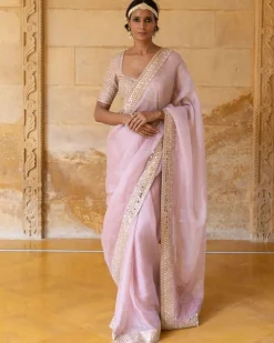 Baby Orchid Mirror And Sequins Embroidered Organza Sari Set