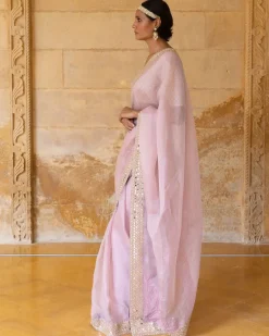 Baby Orchid Mirror And Sequins Embroidered Organza Sari Set