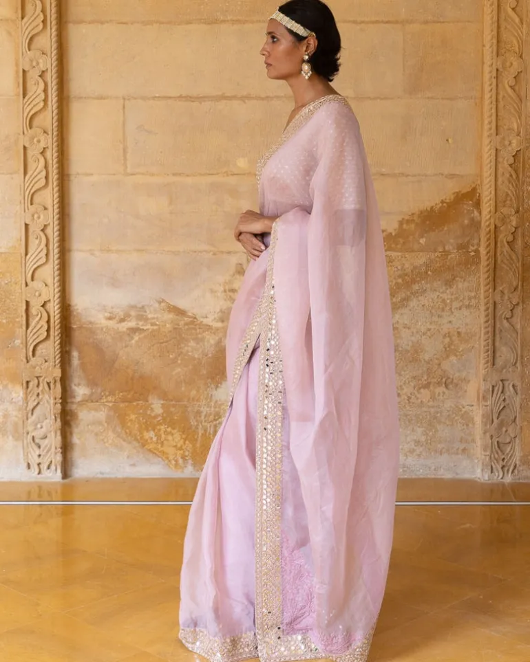 Baby Orchid Mirror And Sequins Embroidered Organza Sari Set