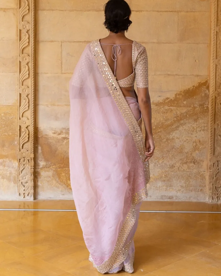 Baby Orchid Mirror And Sequins Embroidered Organza Sari Set