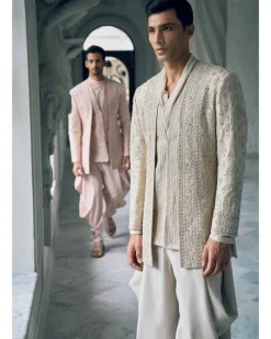 Beige 3 Layered Embroidered Bandgala Set