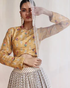 Beige & Mustard Embroidered Lehenga Set