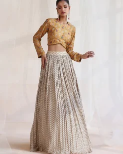 Beige & Mustard Embroidered Lehenga Set