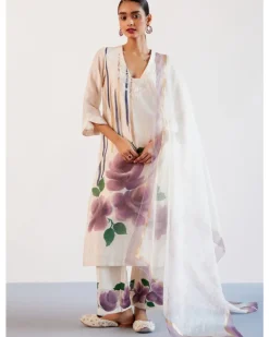Beige And Mauve Silk Chanderi Hand-Painted Embroidered Kurta Set