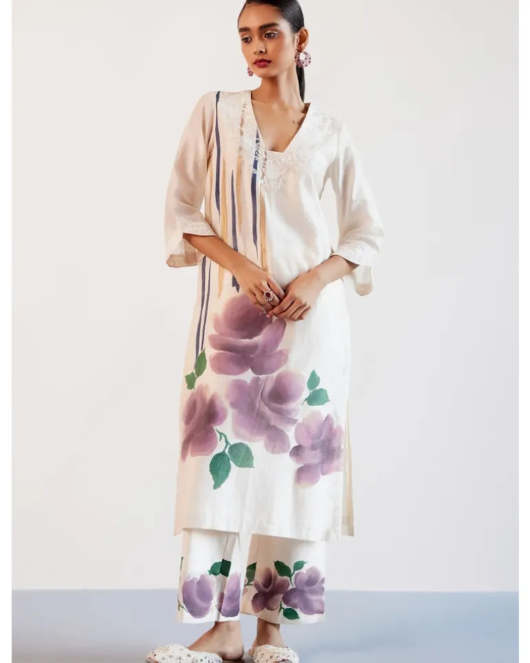 Beige And Mauve Silk Chanderi Hand-Painted Embroidered Kurta Set
