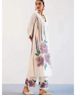 Beige And Mauve Silk Chanderi Hand-Painted Embroidered Kurta Set