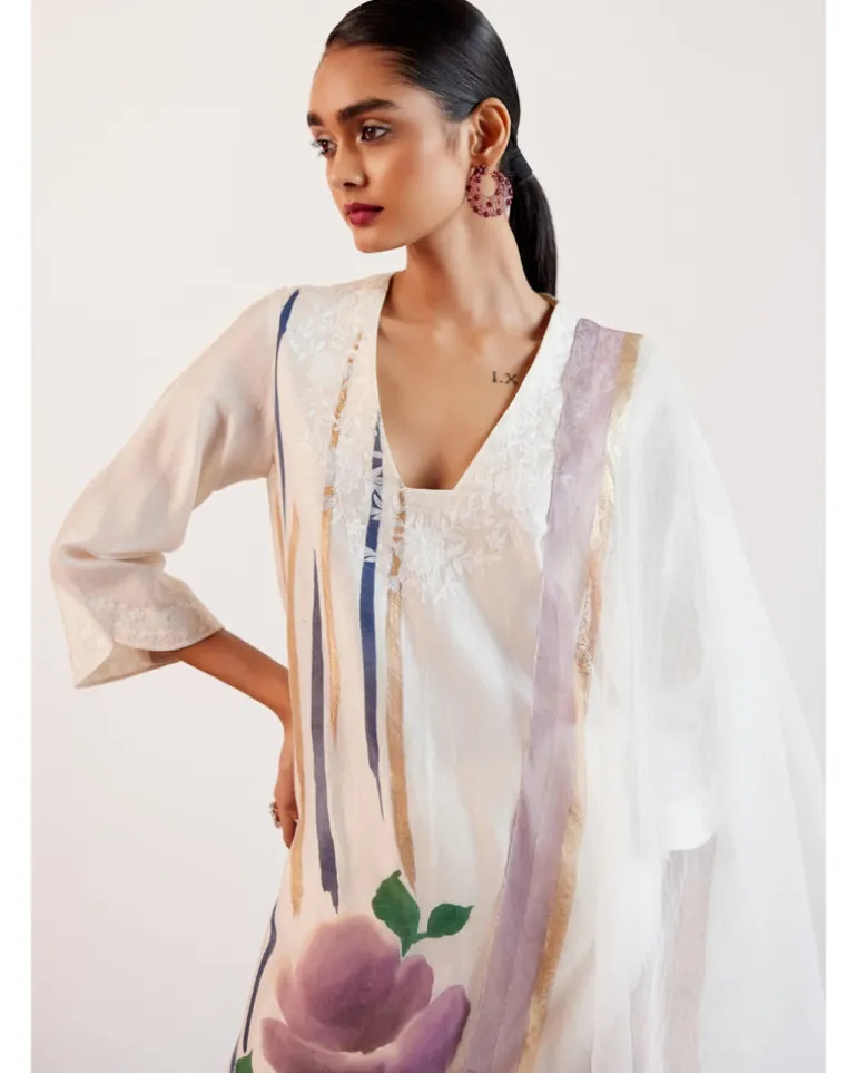 Beige And Mauve Silk Chanderi Hand-Painted Embroidered Kurta Set