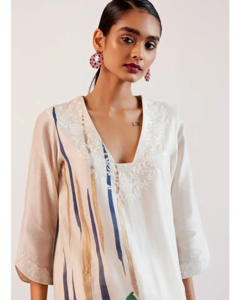 Beige And Mauve Silk Chanderi Hand-Painted Embroidered Kurta Set
