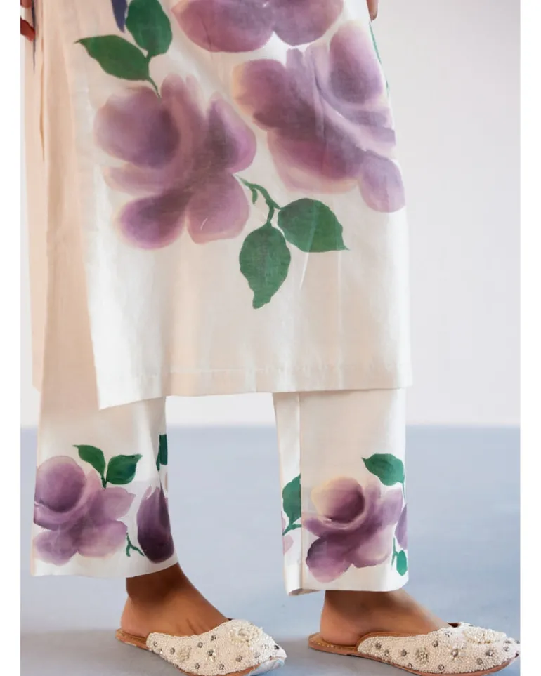 Beige And Mauve Silk Chanderi Hand-Painted Embroidered Kurta Set