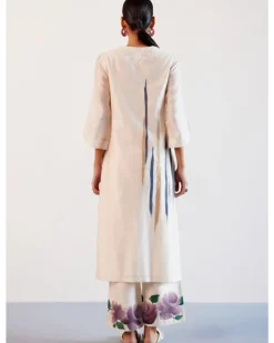 Beige And Mauve Silk Chanderi Hand-Painted Embroidered Kurta Set