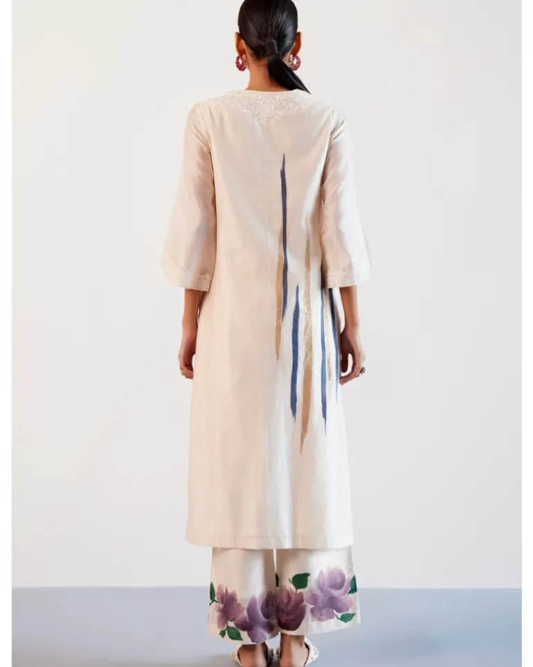 Beige And Mauve Silk Chanderi Hand-Painted Embroidered Kurta Set