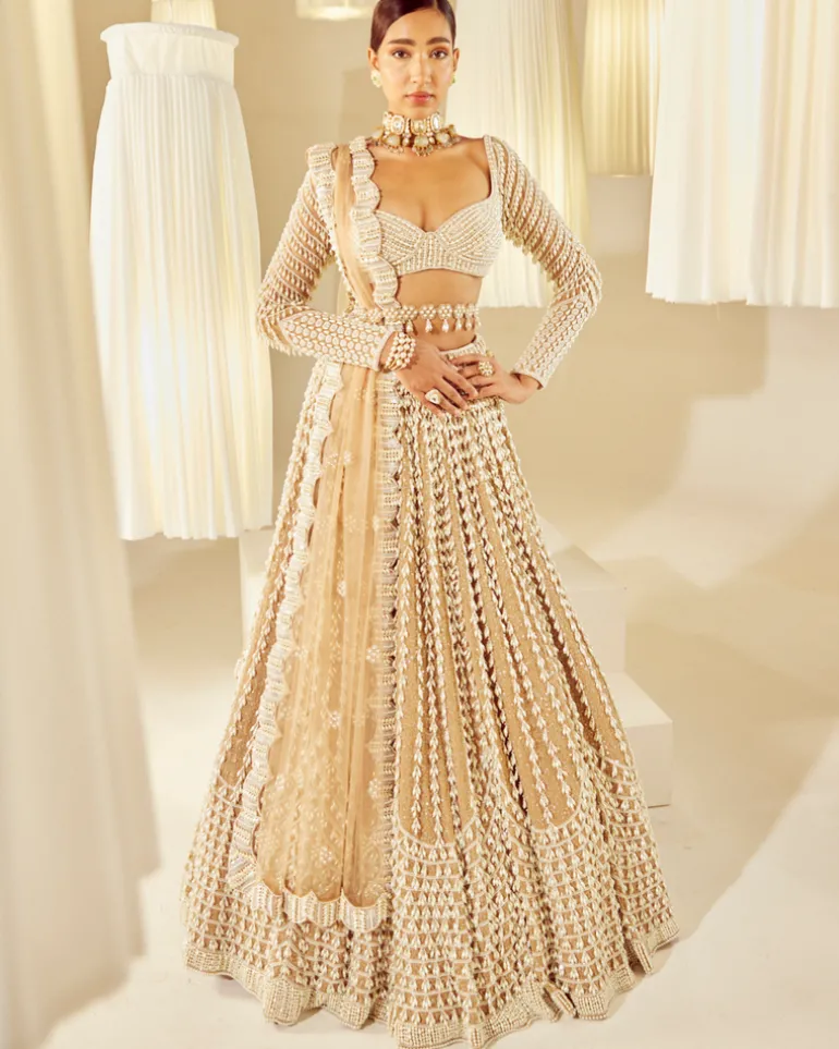 Beige Chandelier Pearl Embellished Lehenga Set