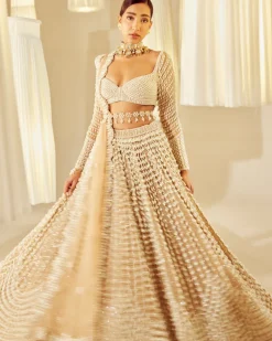 Beige Chandelier Pearl Embellished Lehenga Set