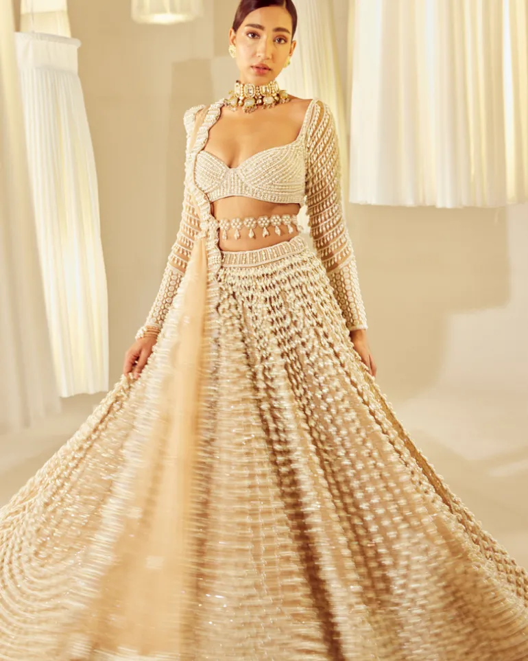Beige Chandelier Pearl Embellished Lehenga Set