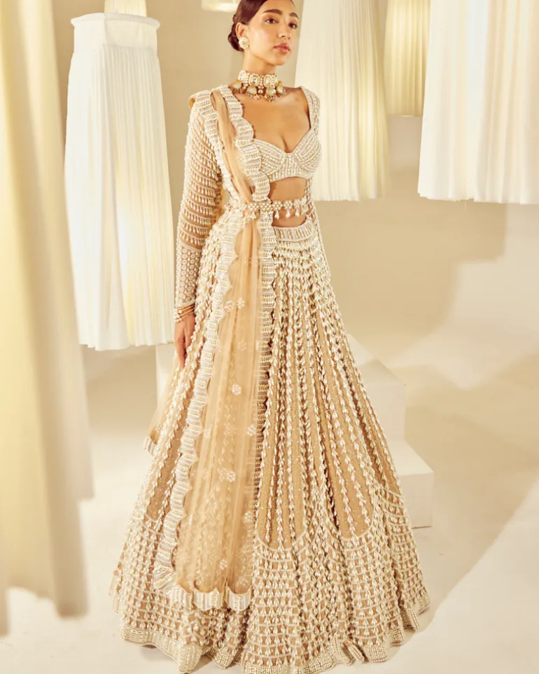 Beige Chandelier Pearl Embellished Lehenga Set
