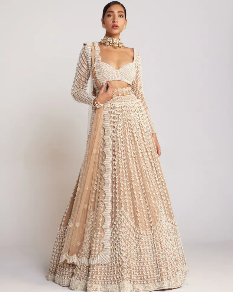 Beige Chandelier Pearl Embellished Lehenga Set