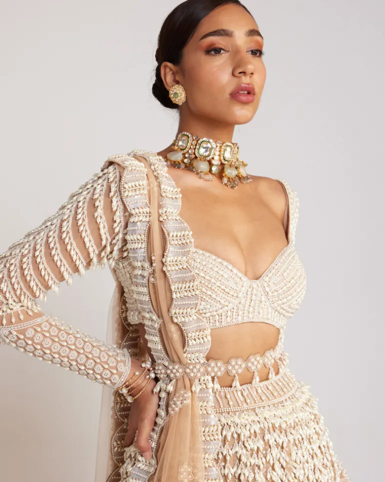 Beige Chandelier Pearl Embellished Lehenga Set
