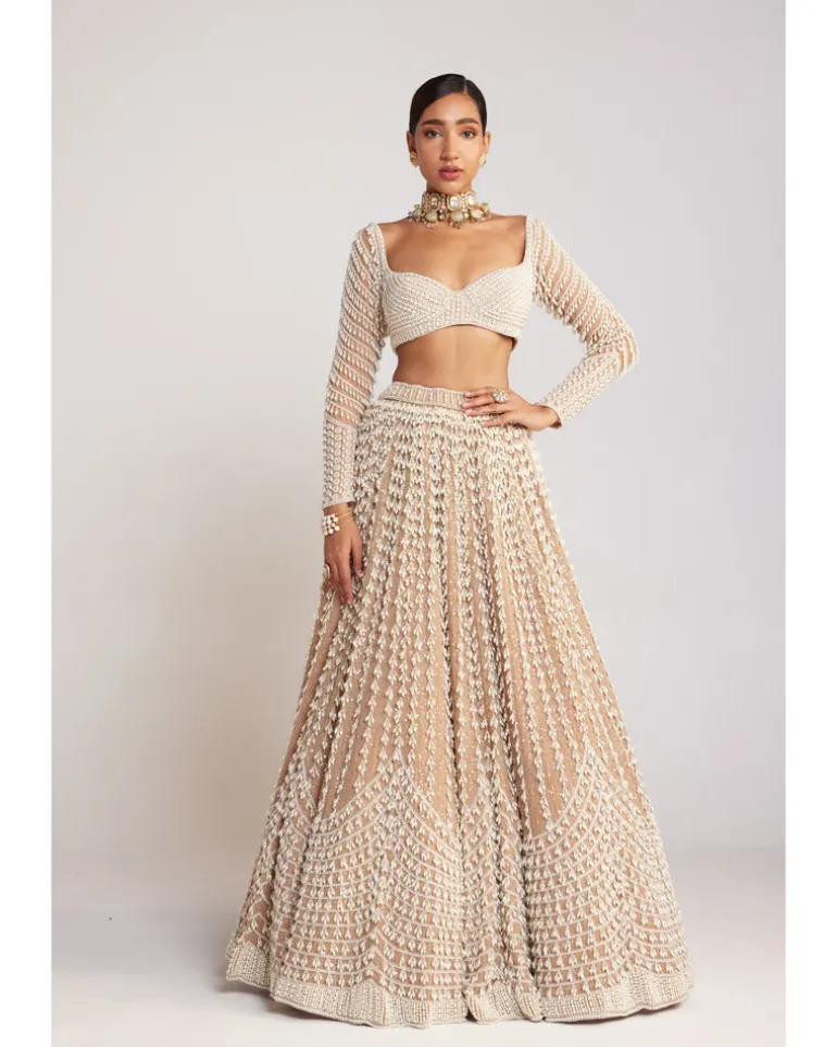 Beige Chandelier Pearl Embellished Lehenga Set