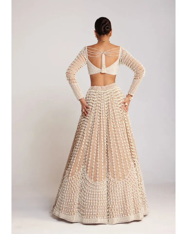 Beige Chandelier Pearl Embellished Lehenga Set