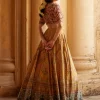 Beige Embroidered Blouse with Mustard Lehenga Set